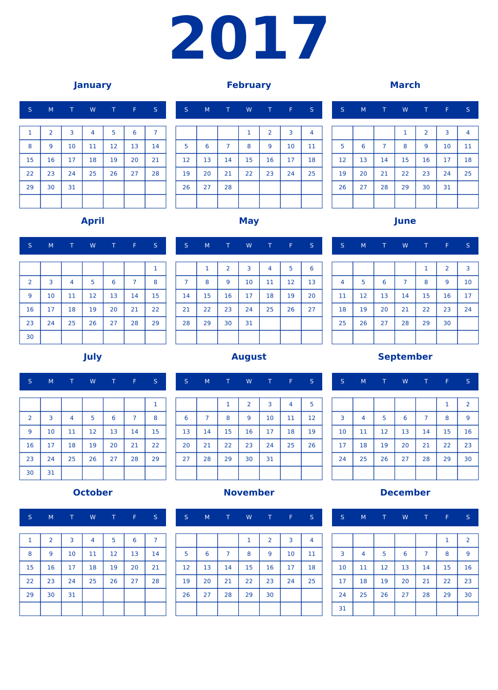 Printable 2017 Year Calendars smalt