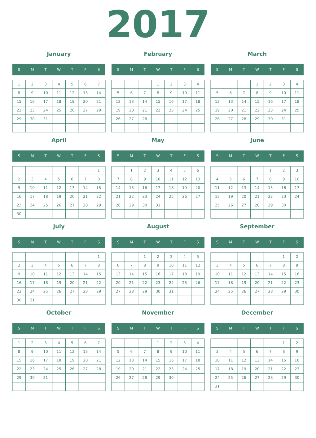 Printable 2017 Year Calendars viridian