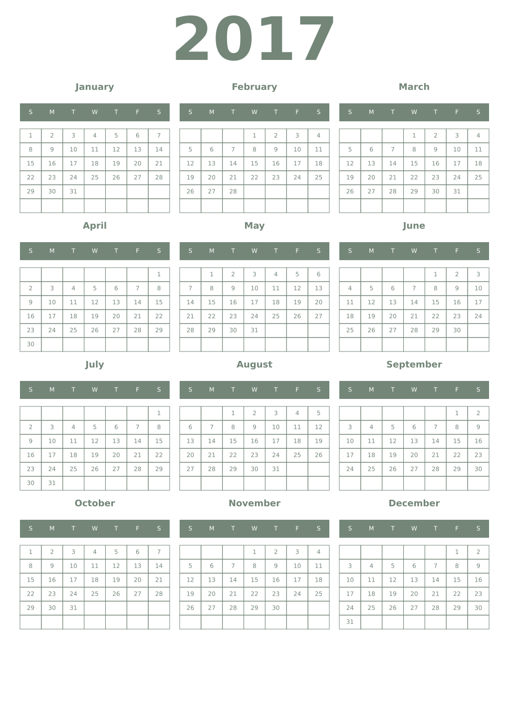 Printable 2017 Year Calendars xanadu