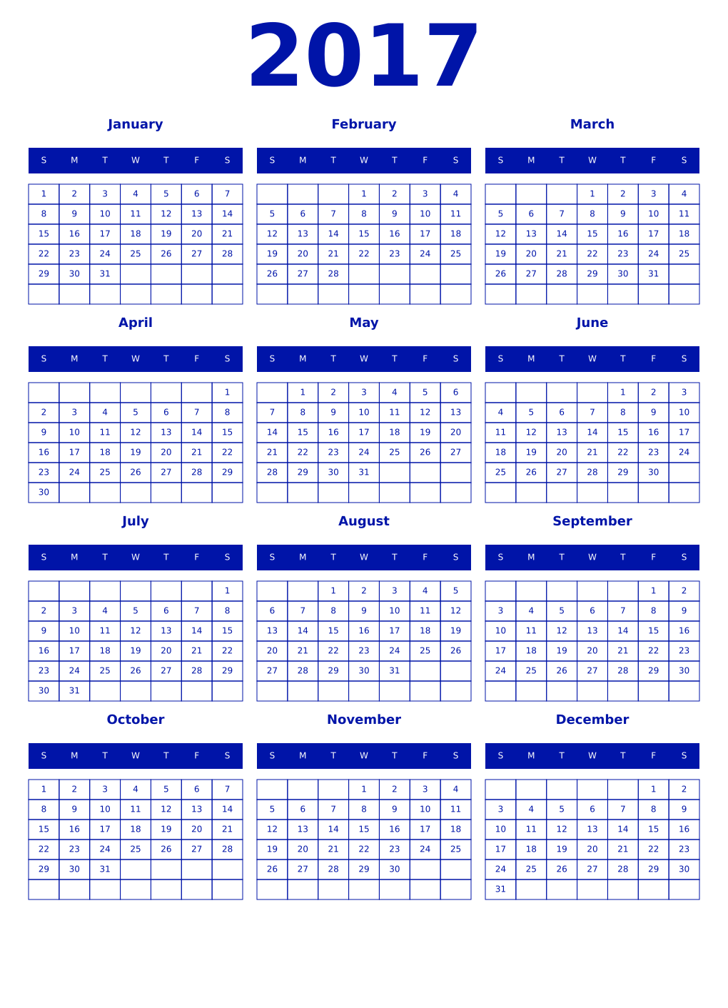 Printable 2017 Year Calendars zaffre