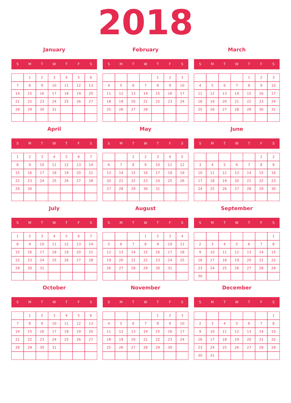 Printable 2018 Year Calendars amaranth