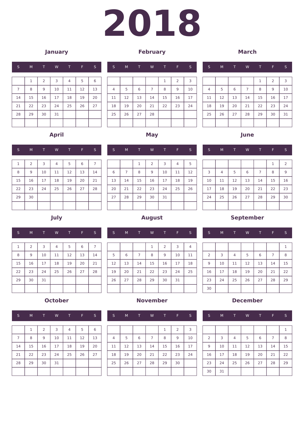 Printable 2018 Year Calendars aubergine