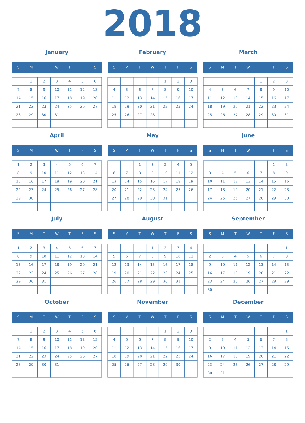 Printable 2018 Year Calendars blue
