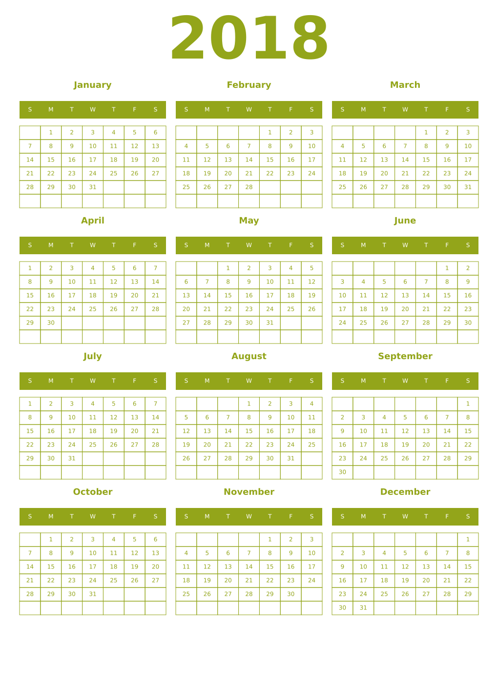 Printable 2018 Year Calendars chartreuse
