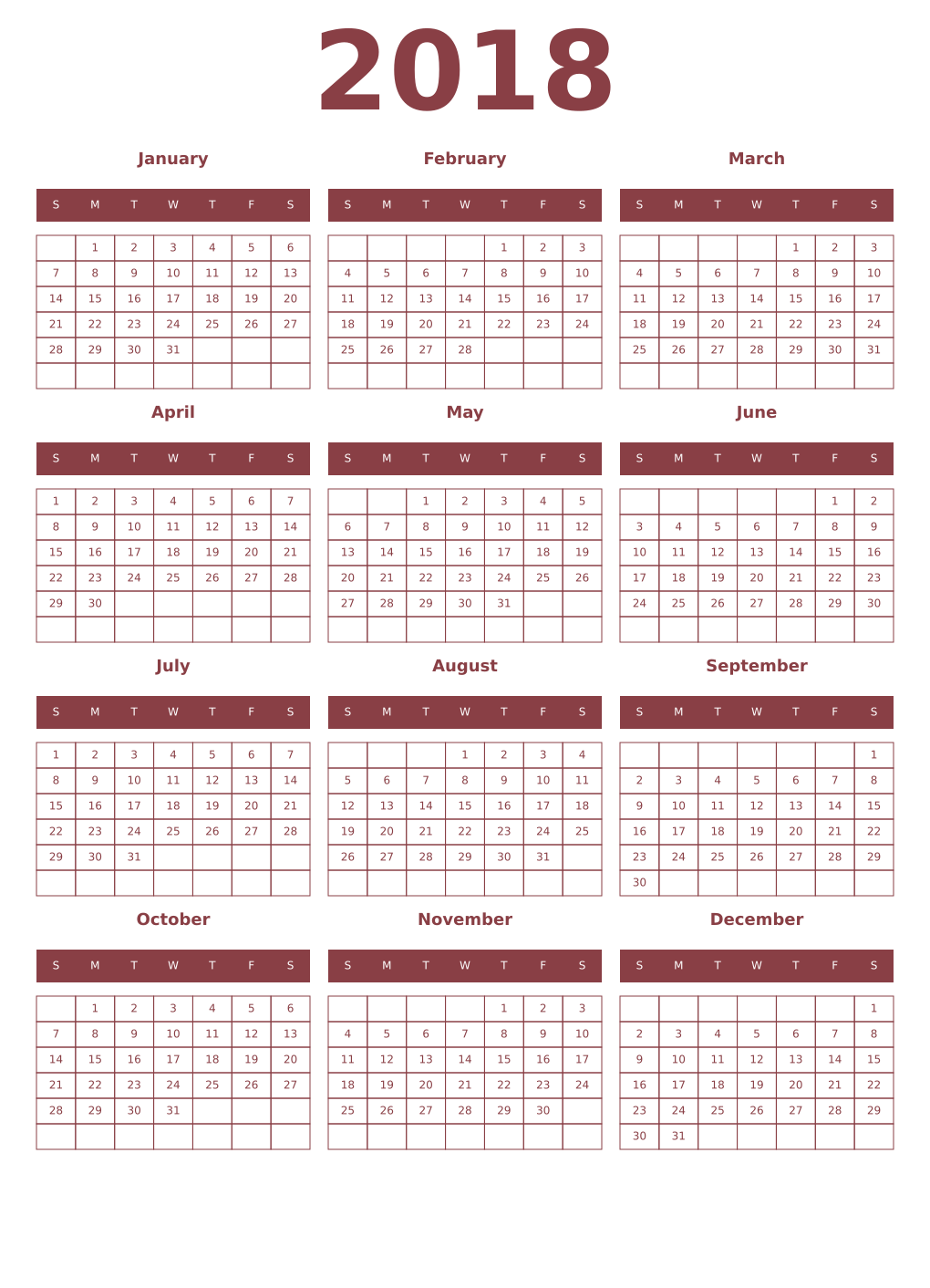 Printable 2018 Year Calendars cordovan