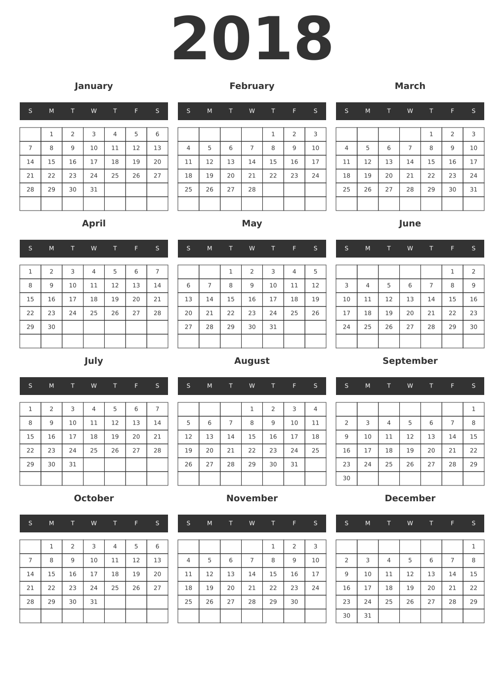 Printable 2018 Year Calendars dark