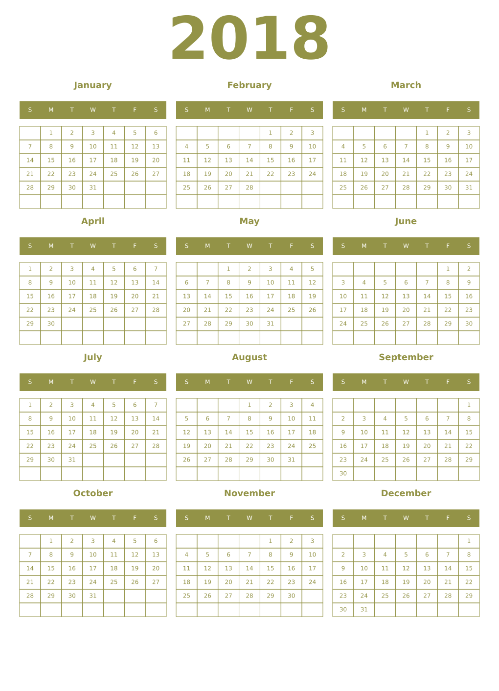 Printable 2018 Year Calendars eburnean