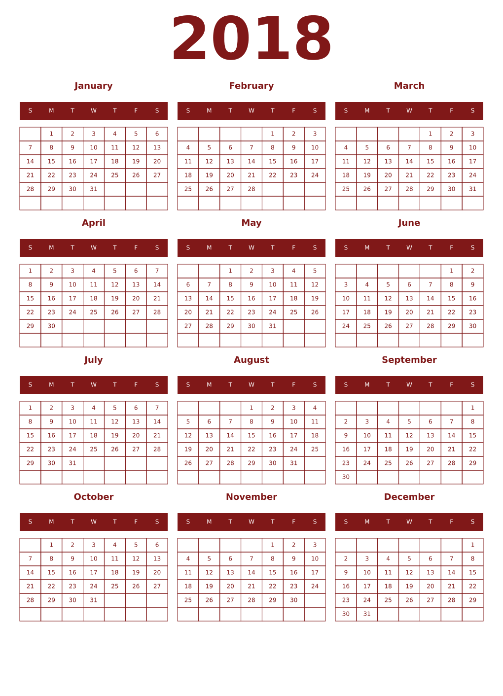 Printable 2018 Year Calendars falu