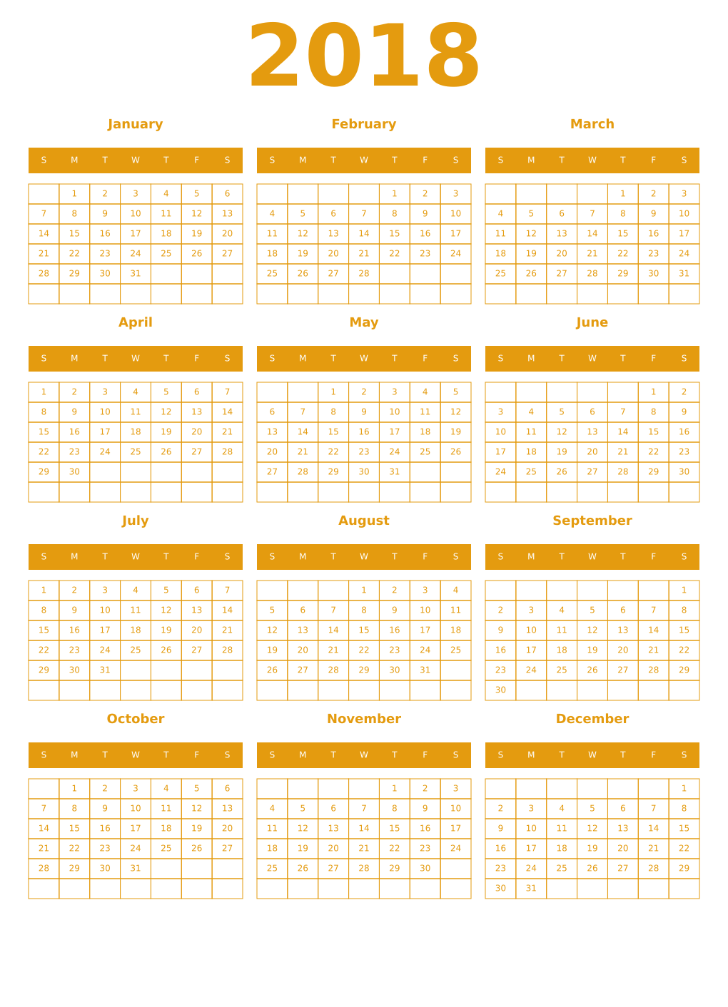 Printable 2018 Year Calendars gamboge