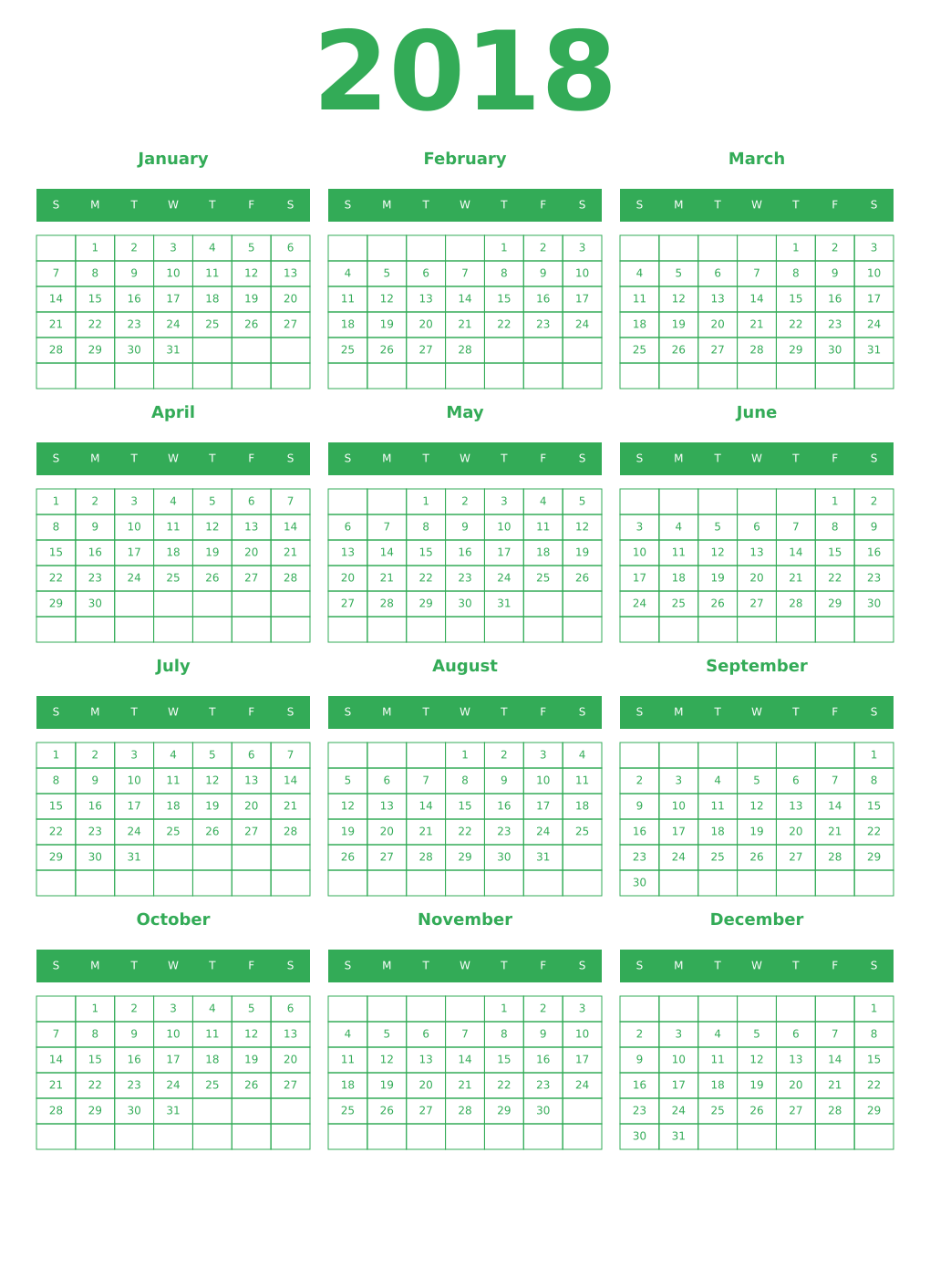 Printable 2018 Year Calendars green