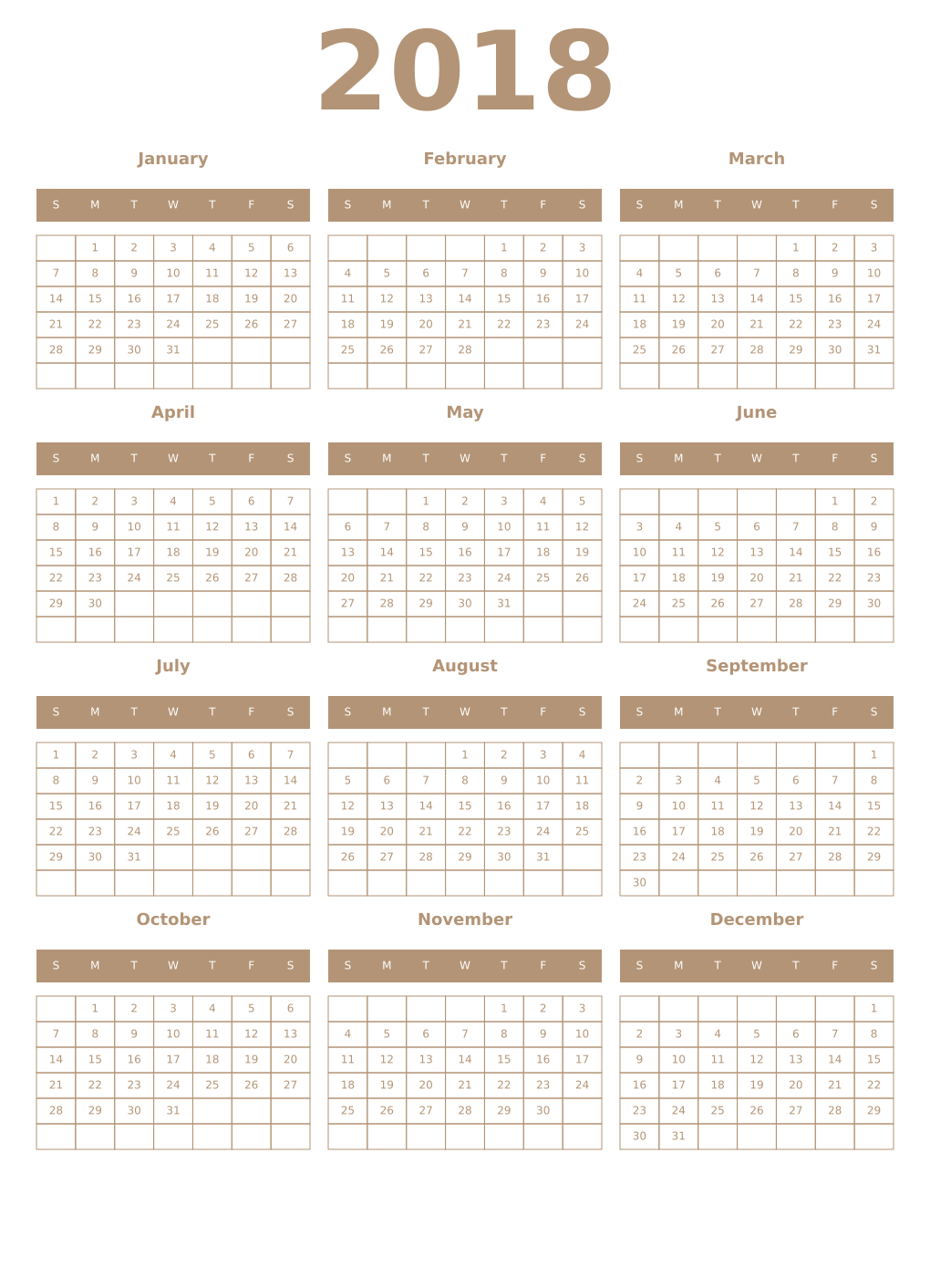 Printable 2018 Year Calendars isabelline