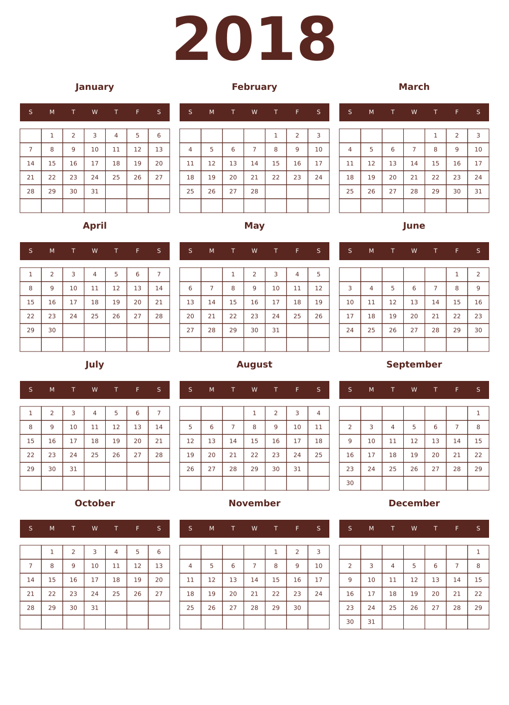 Printable 2018 Year Calendars mortuum