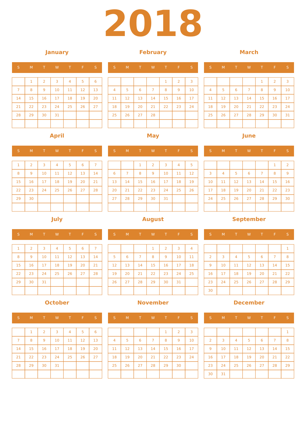 Printable 2018 Year Calendars orange