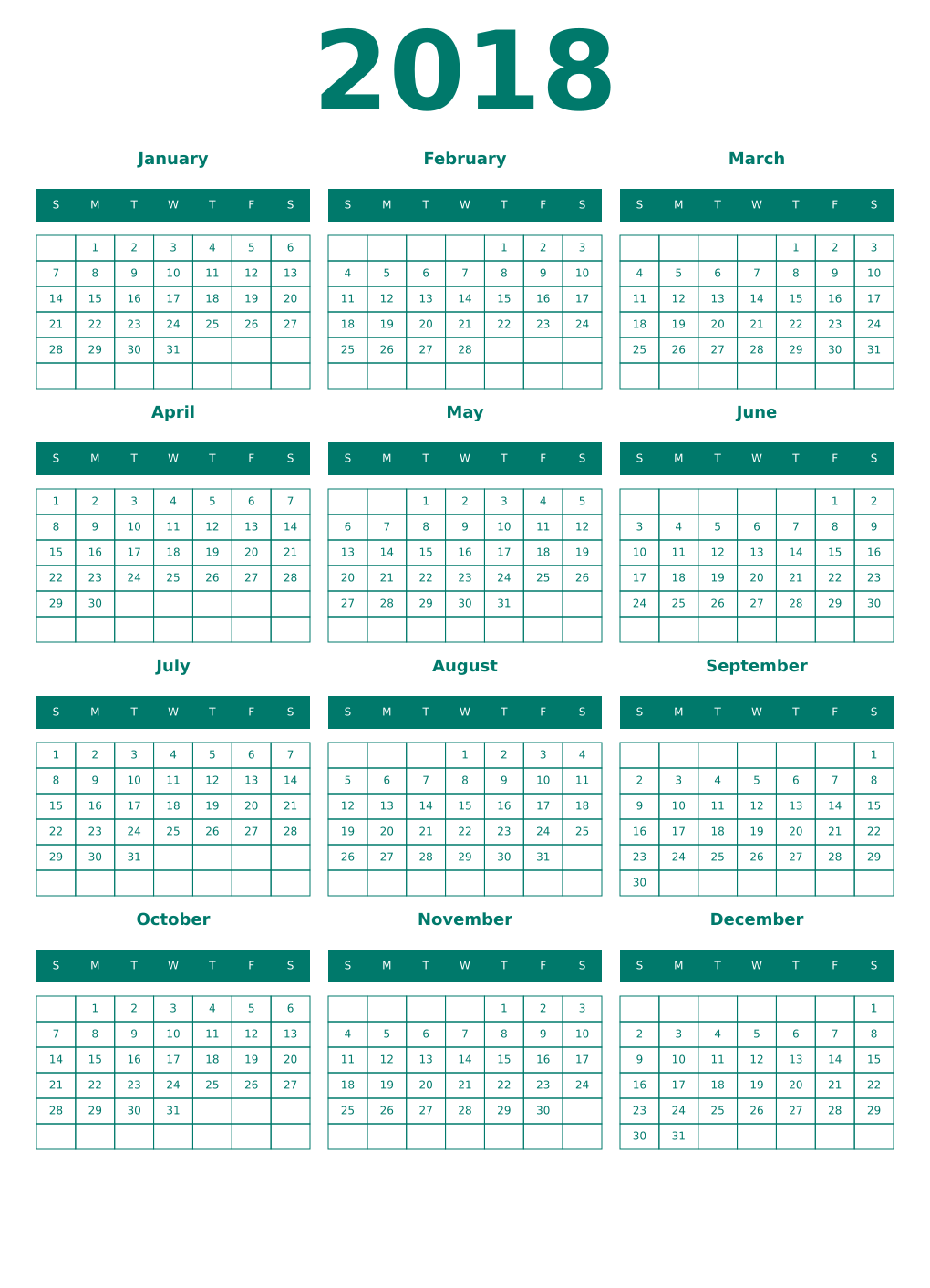 Printable 2018 Year Calendars pastel