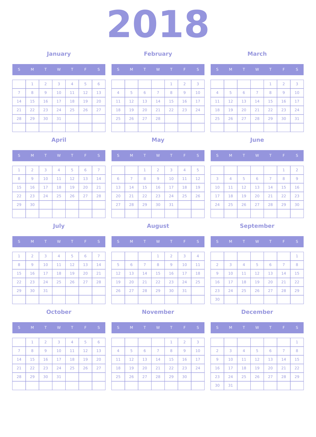 Printable 2018 Year Calendars periwinkle