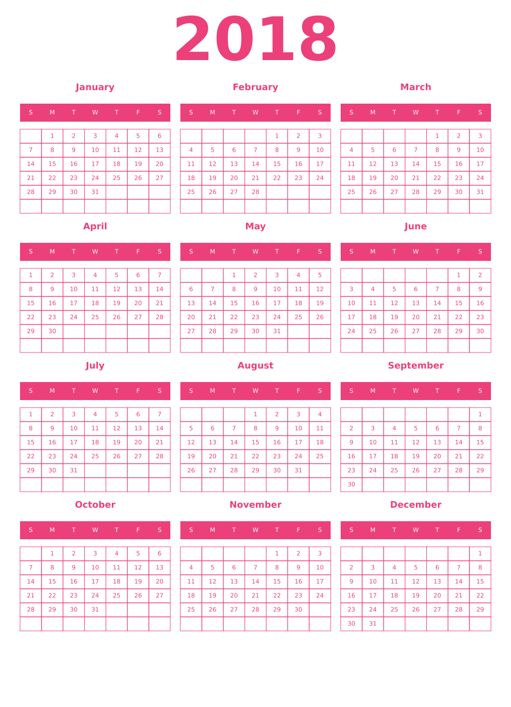 Printable 2018 Year Calendars pink