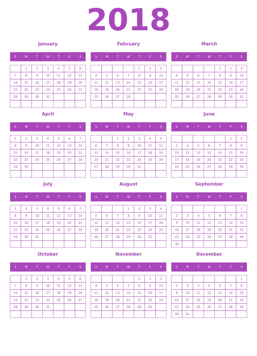 Printable 2018 Year Calendars purple