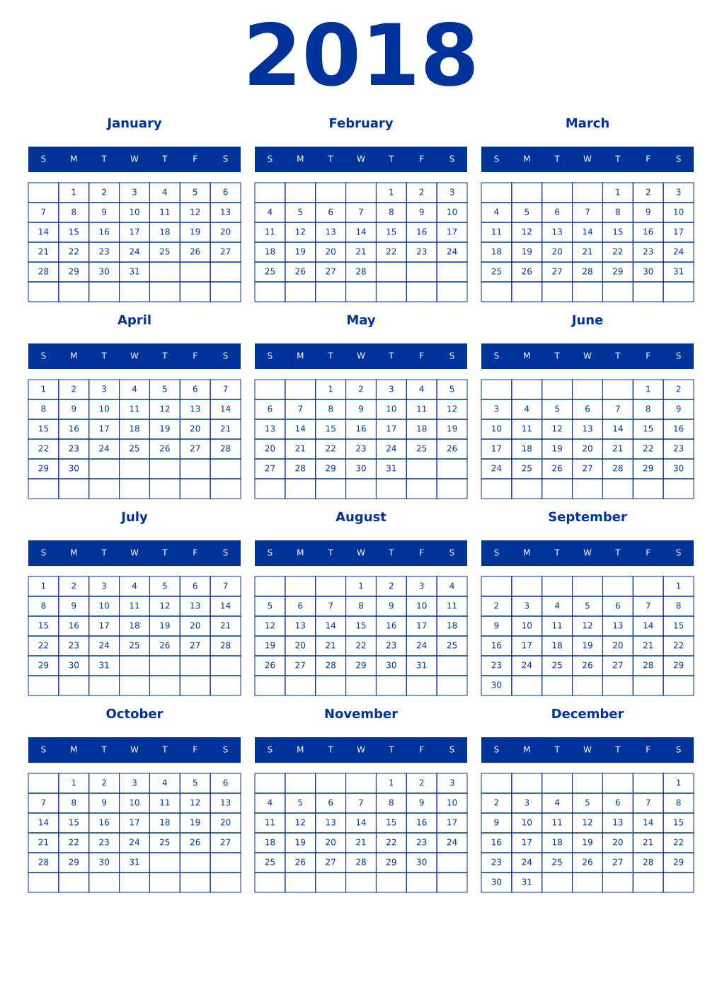 Printable 2018 Year Calendars smalt