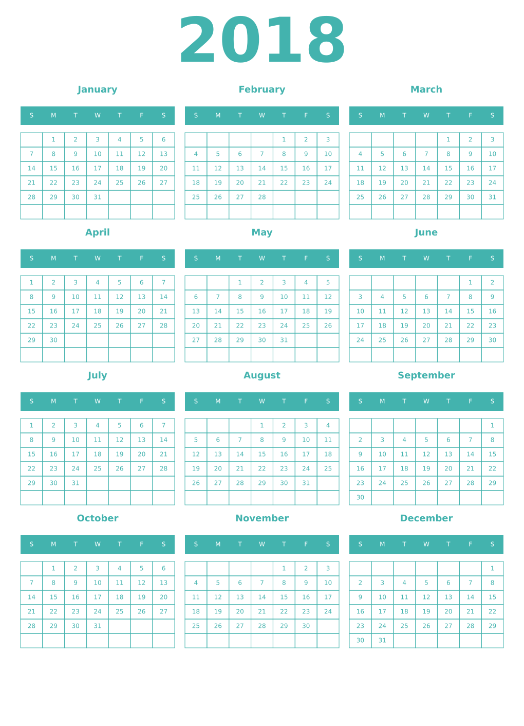 Printable 2018 Year Calendars verdigris