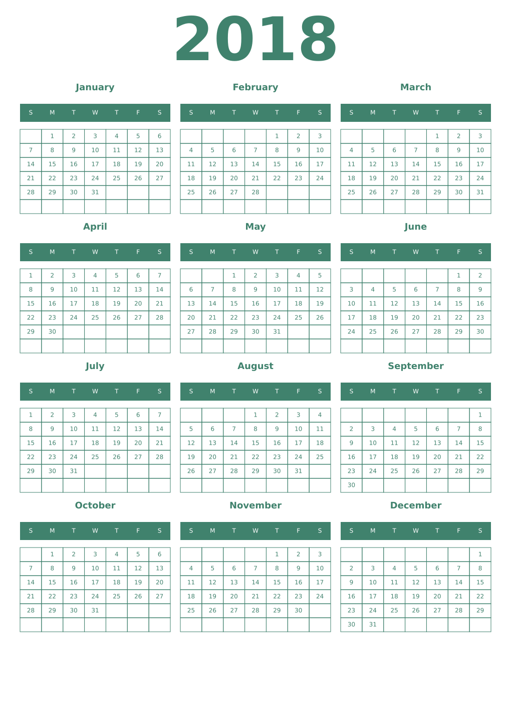Printable 2018 Year Calendars viridian