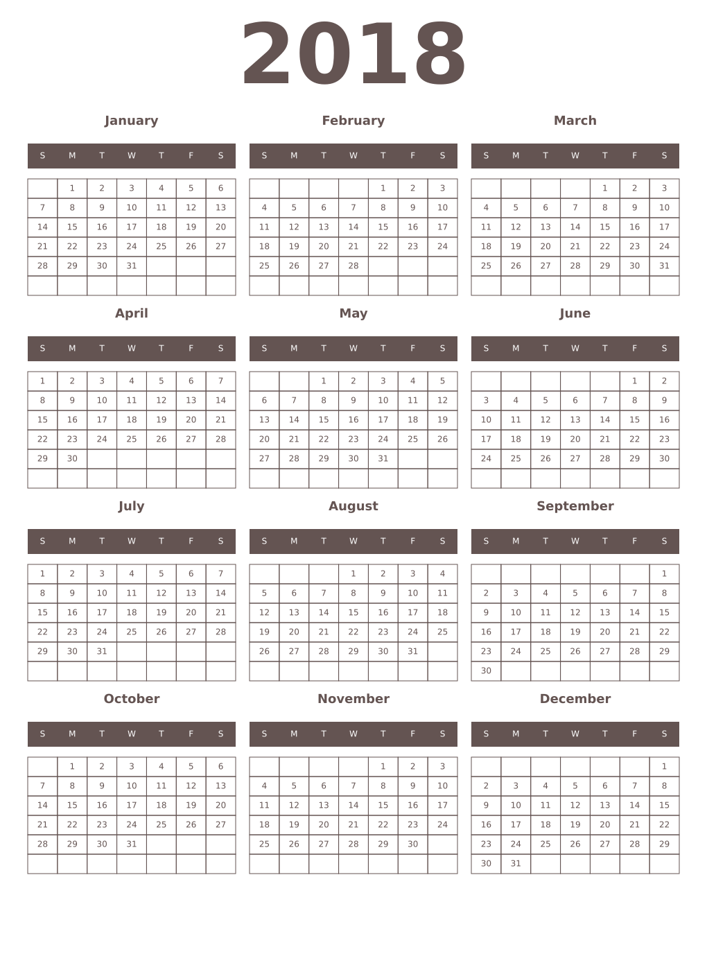 Printable 2018 Year Calendars wenge