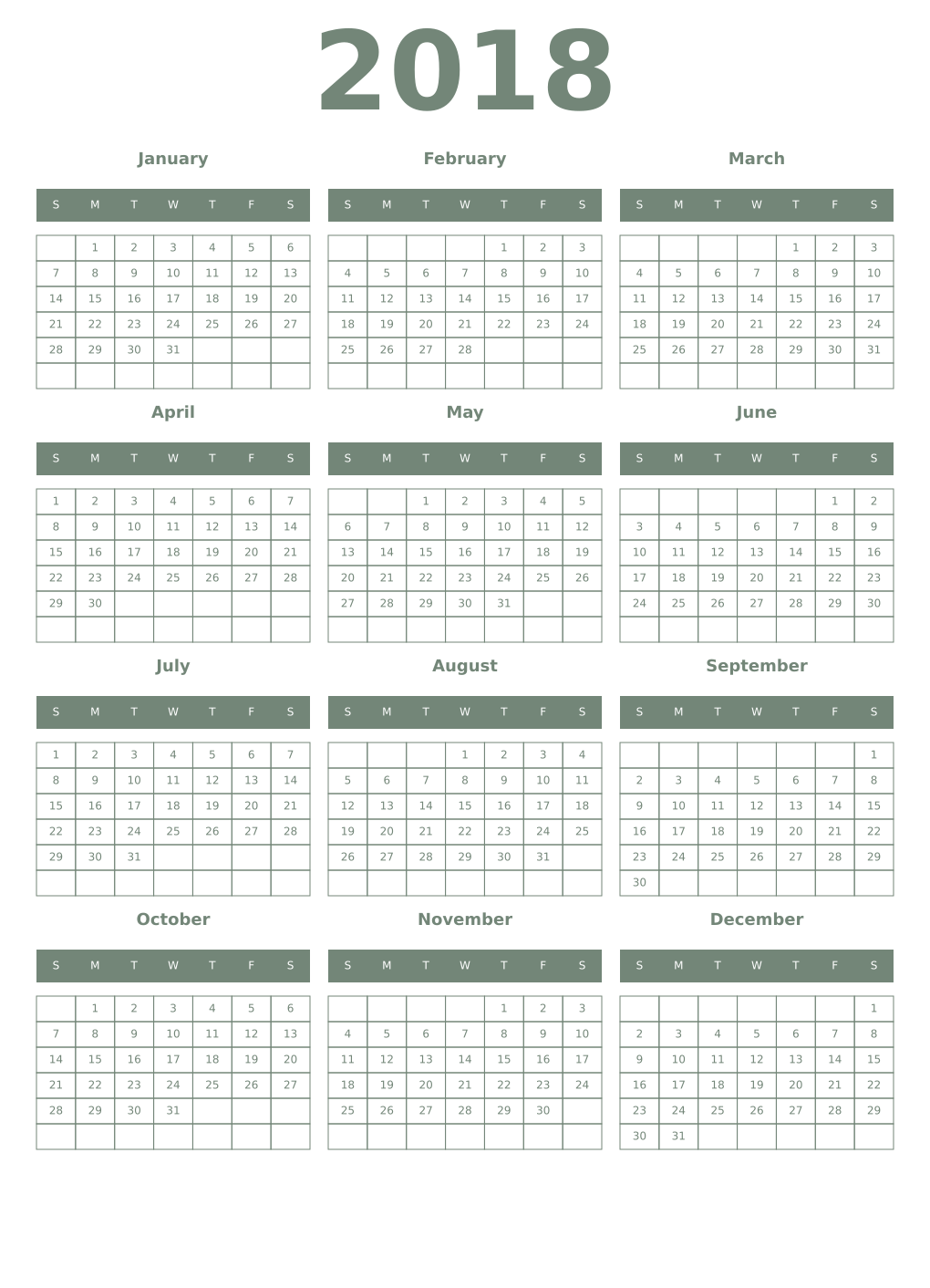 Printable 2018 Year Calendars xanadu