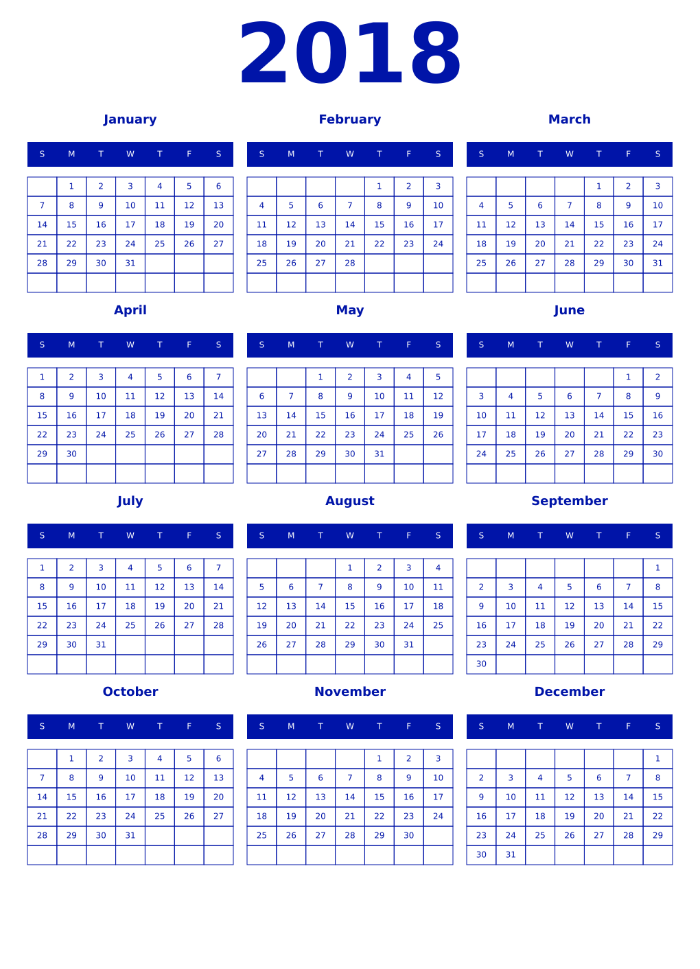 Printable 2018 Year Calendars zaffre