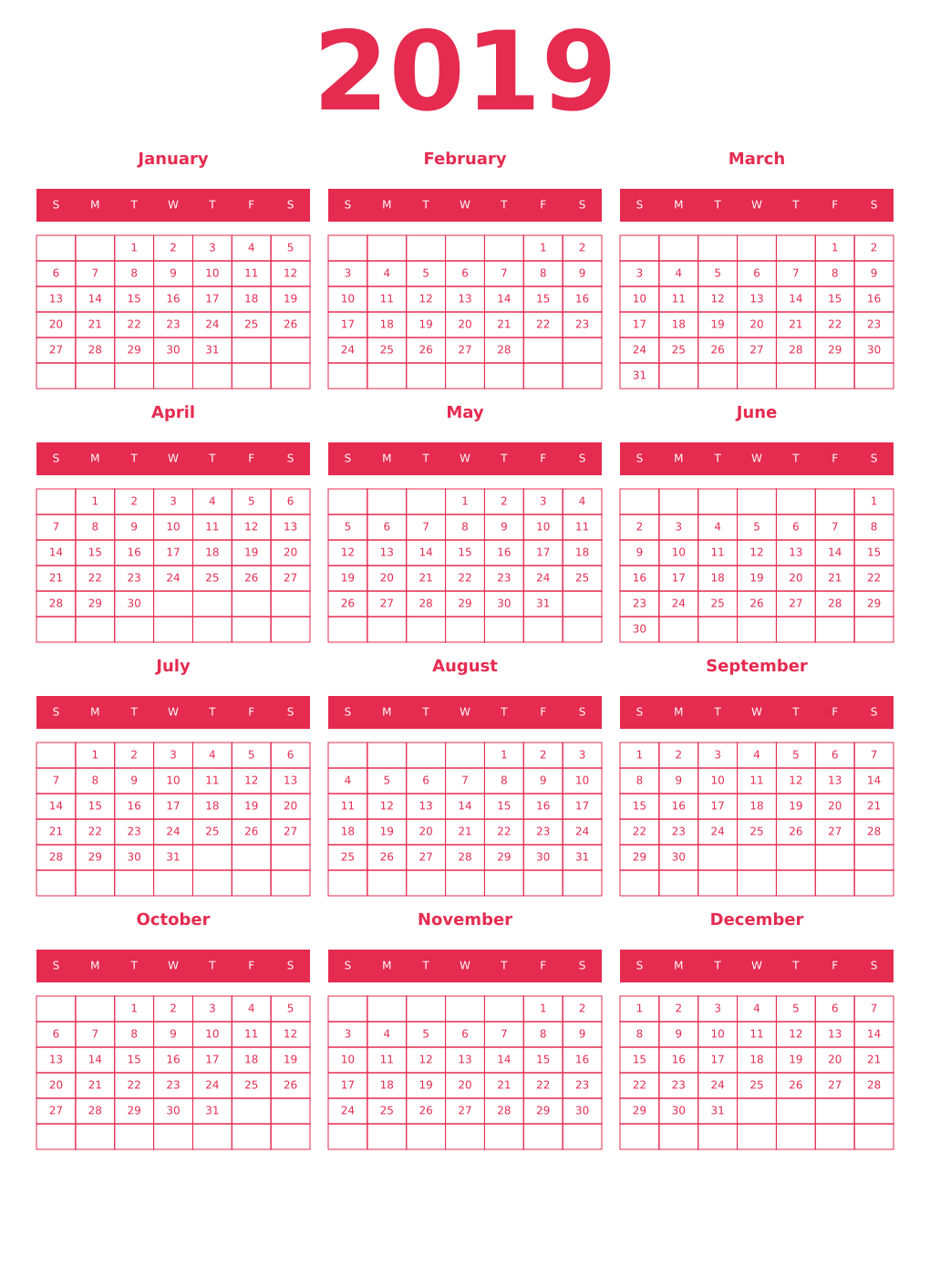 Printable 2019 Year Calendars amaranth