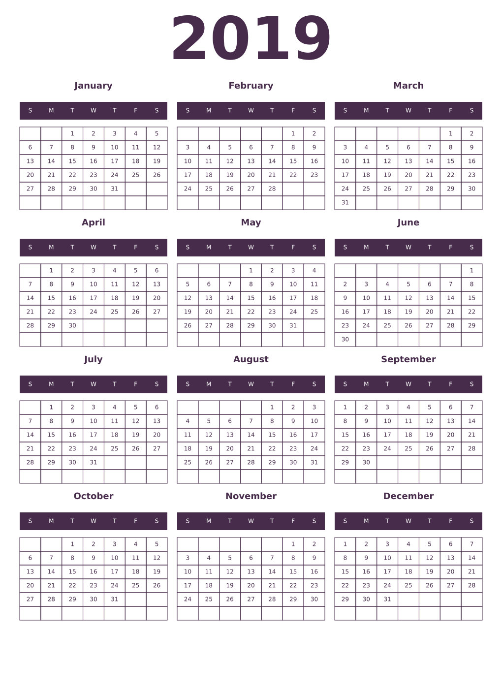 Printable 2019 Year Calendars aubergine