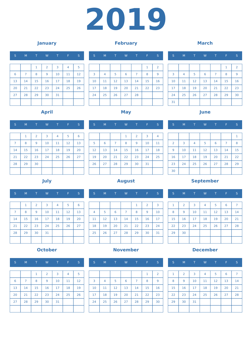 Printable 2019 Year Calendars blue