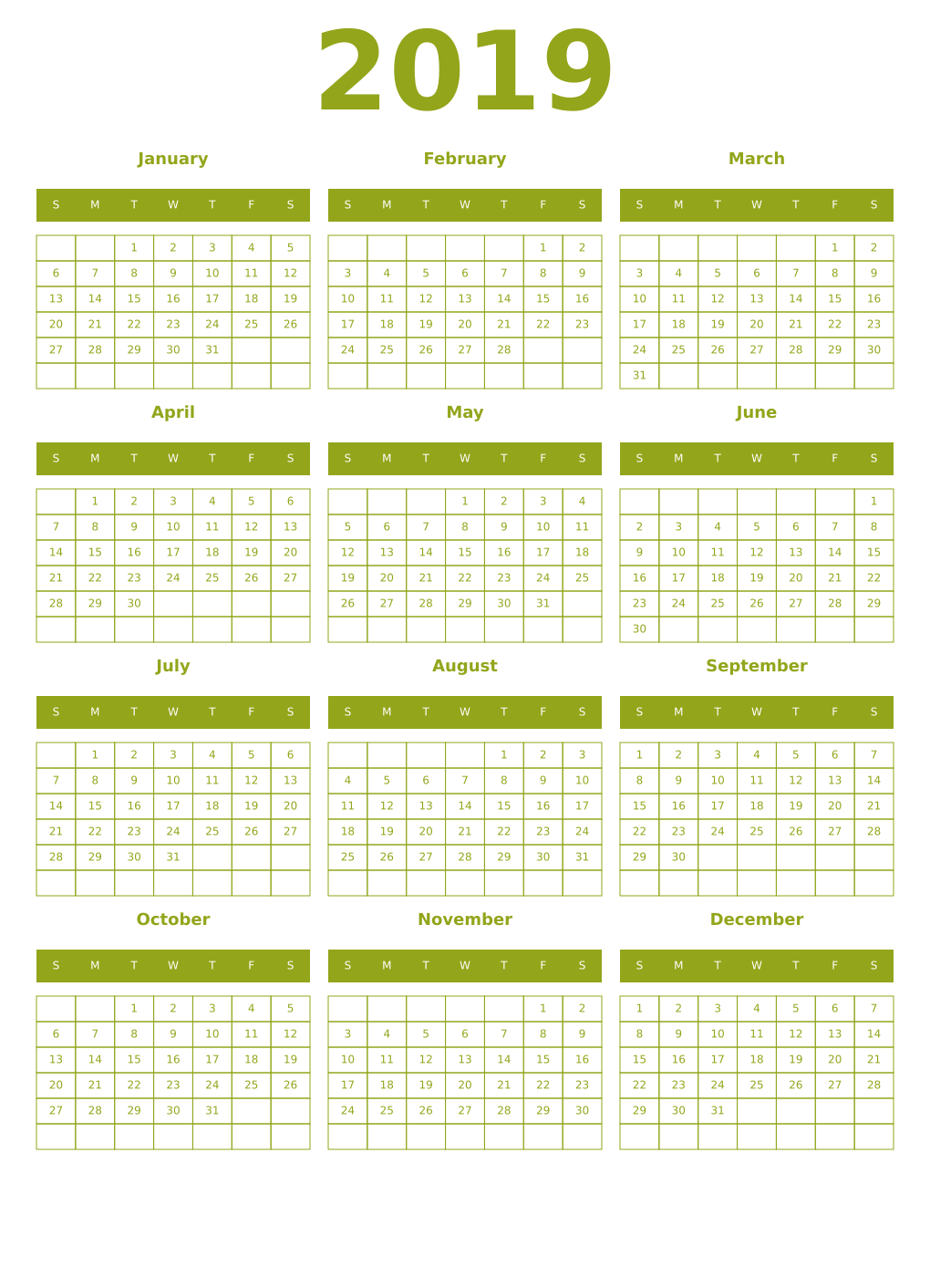 Printable 2019 Year Calendars chartreuse