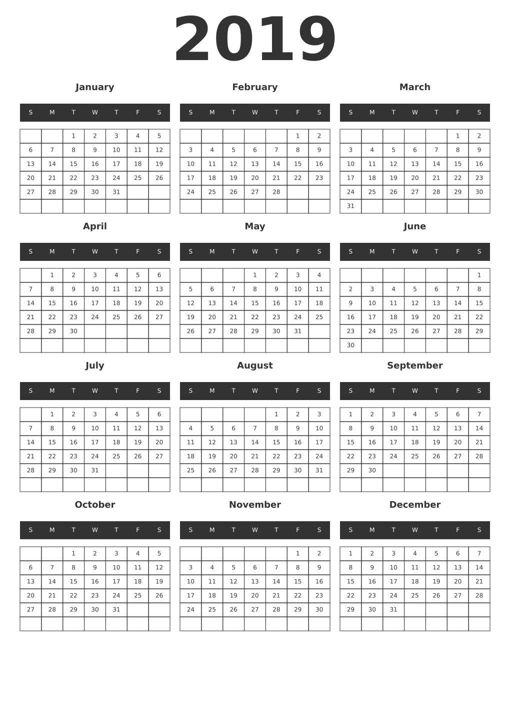 Printable 2019 Year Calendars dark