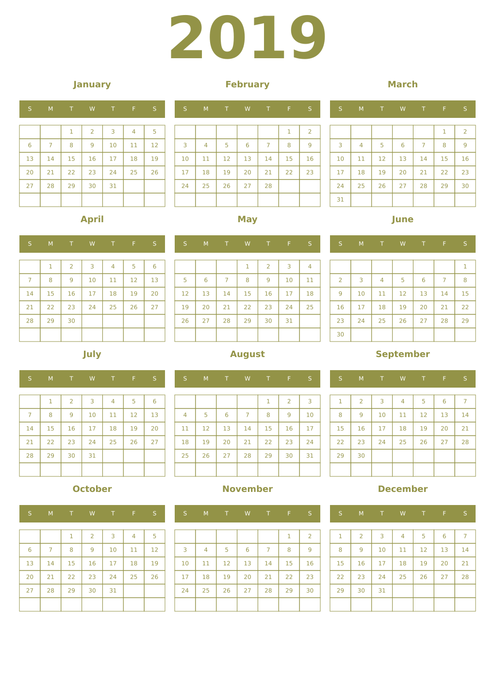 Printable 2019 Year Calendars eburnean