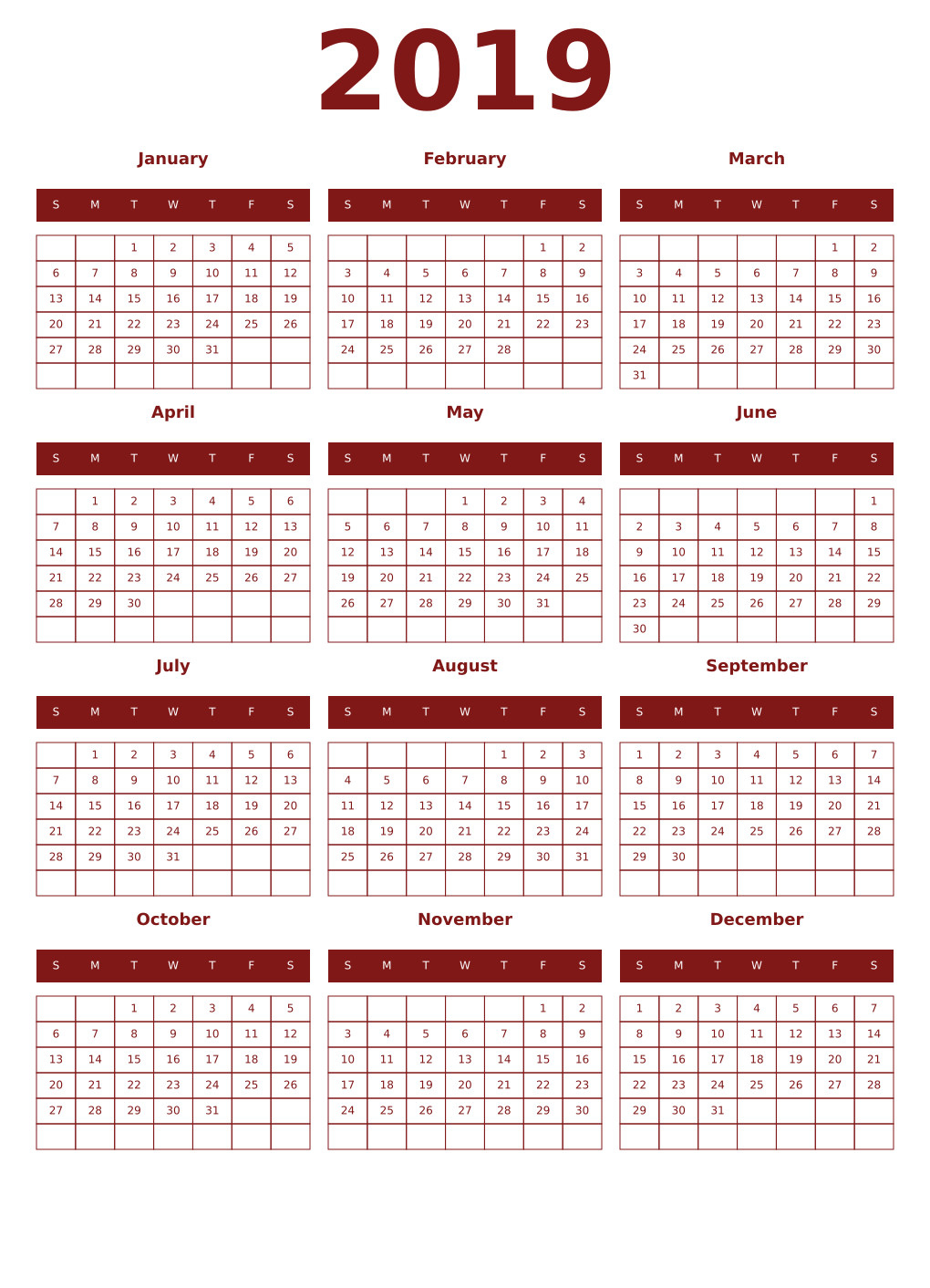 Printable 2019 Year Calendars falu