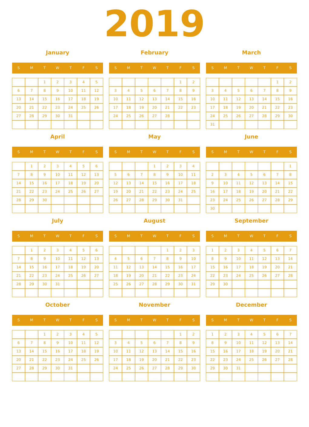 Printable 2019 Year Calendars gamboge