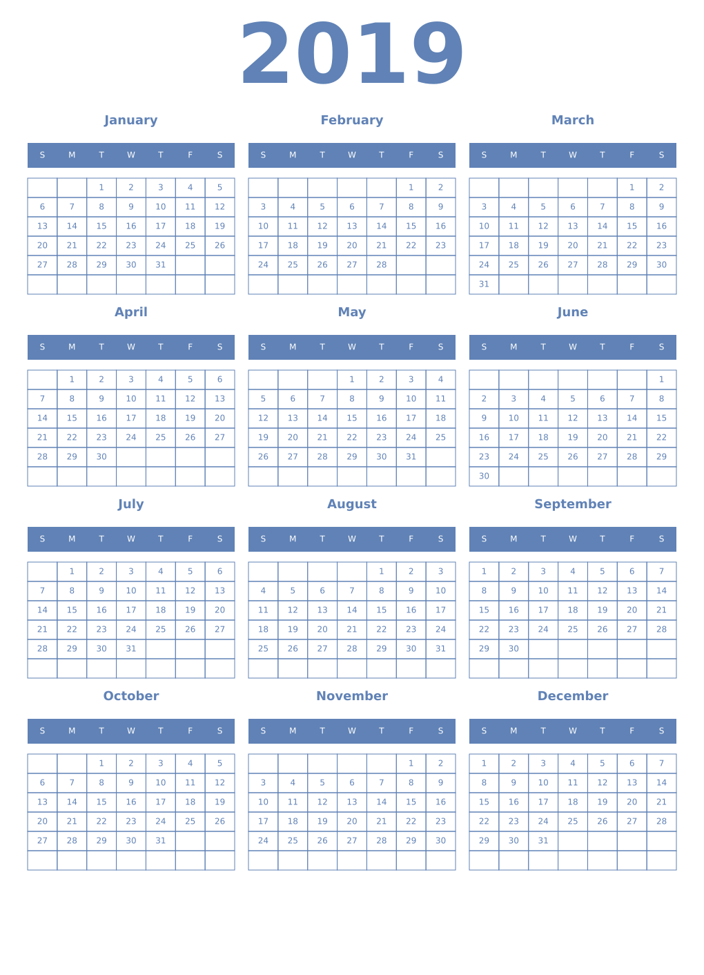 Printable 2019 Year Calendars glaucous