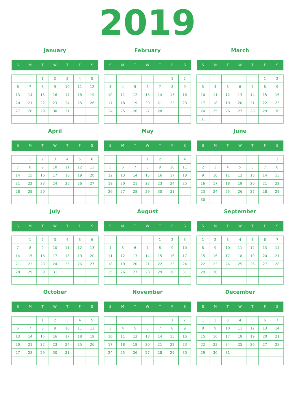 Printable 2019 Year Calendars green