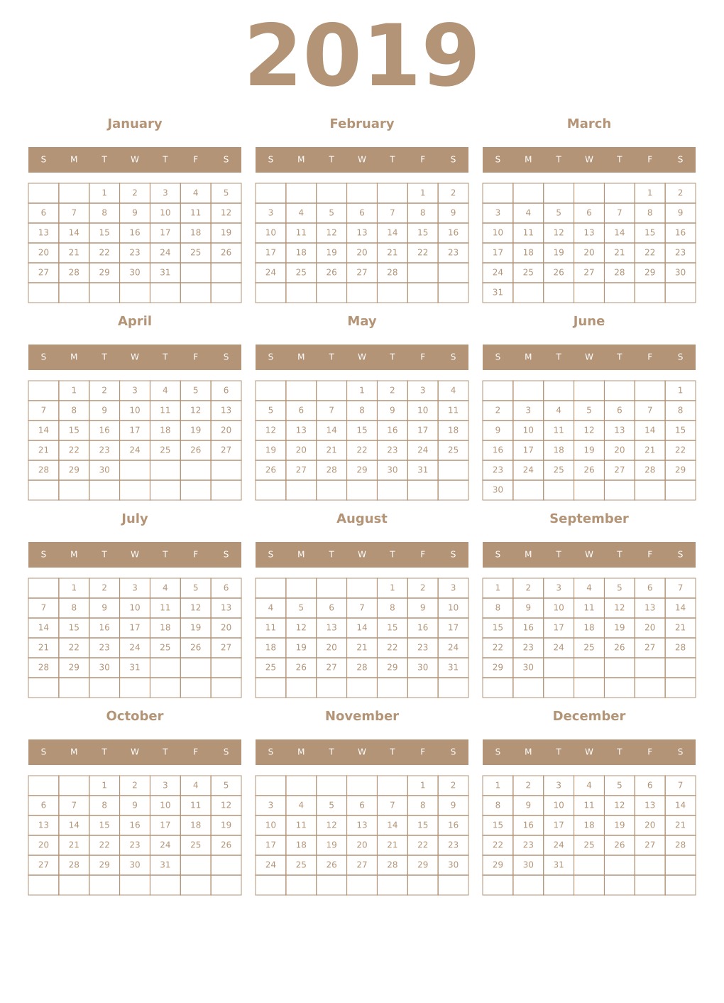 Printable 2019 Year Calendars isabelline