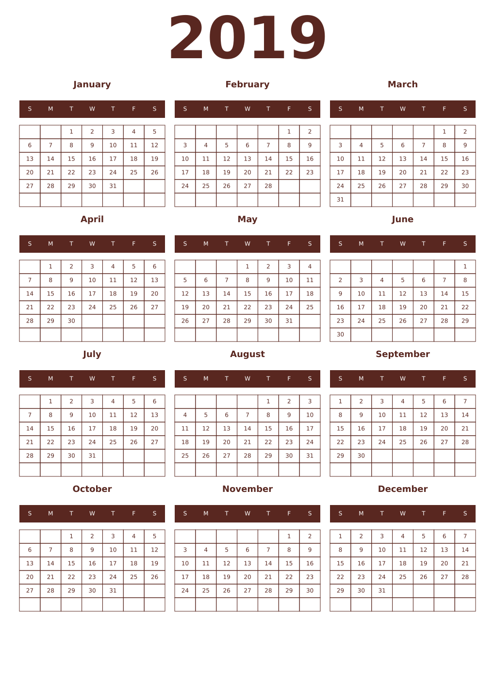 Printable 2019 Year Calendars mortuum