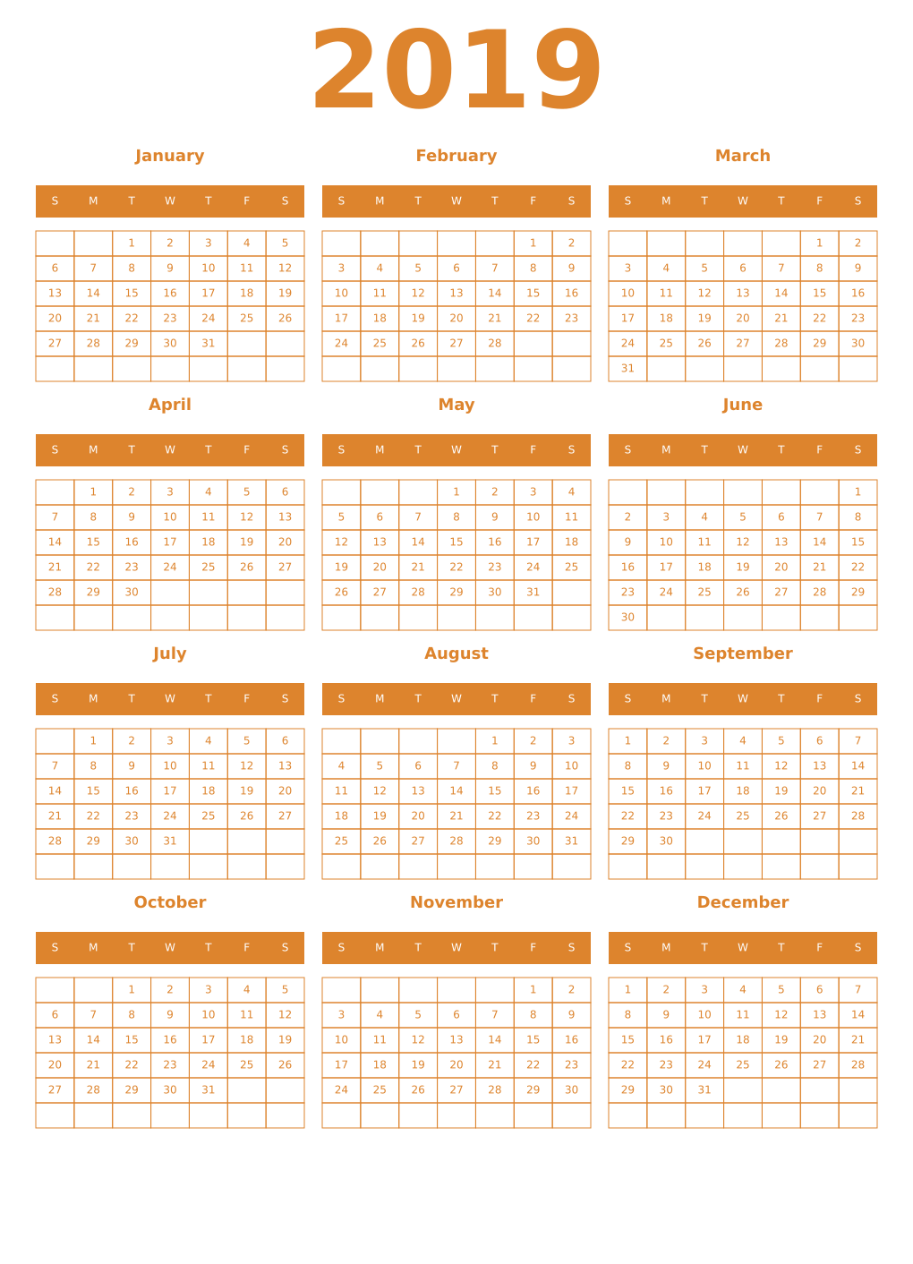 Printable 2019 Year Calendars orange