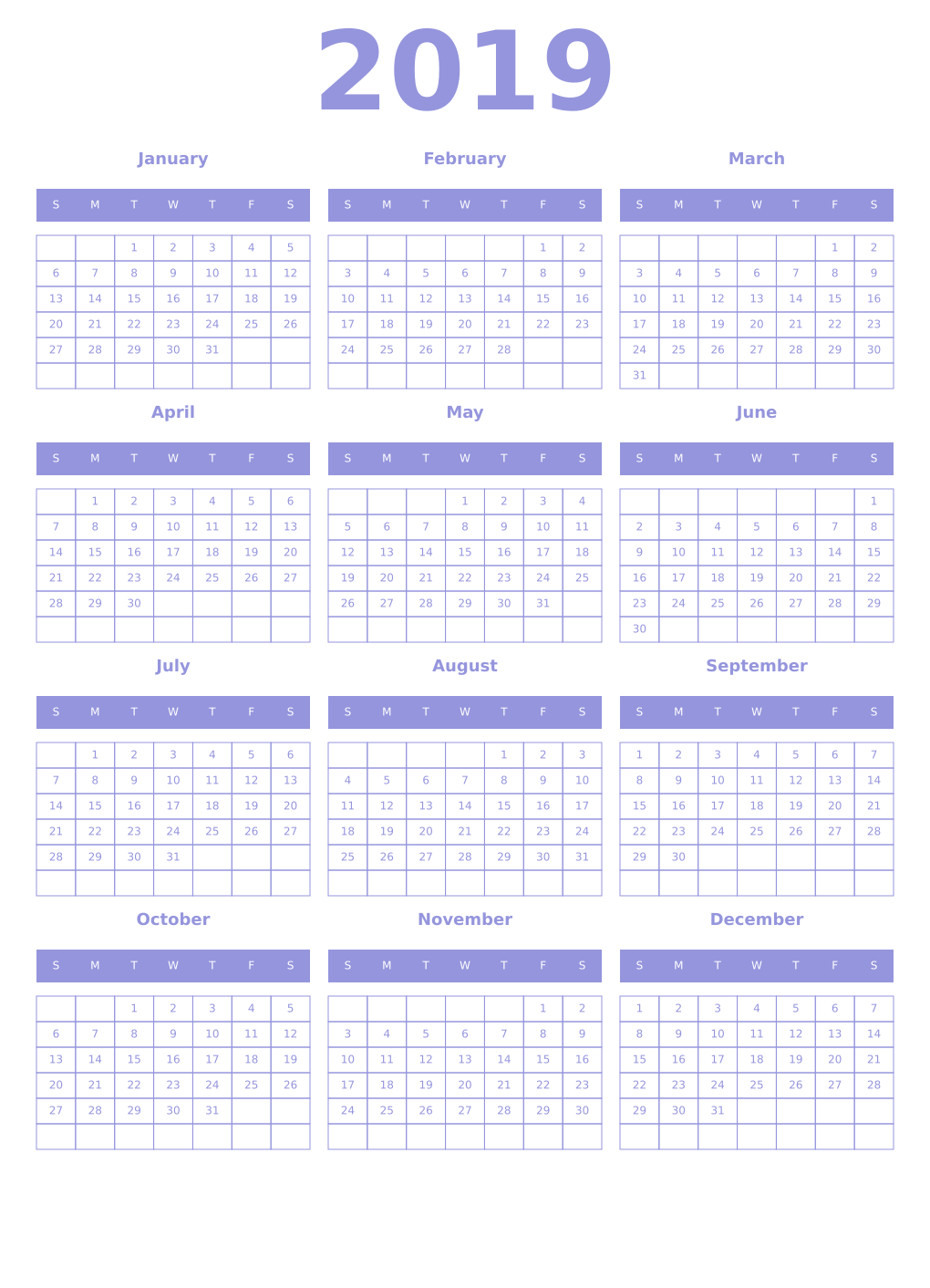 Printable 2019 Year Calendars periwinkle