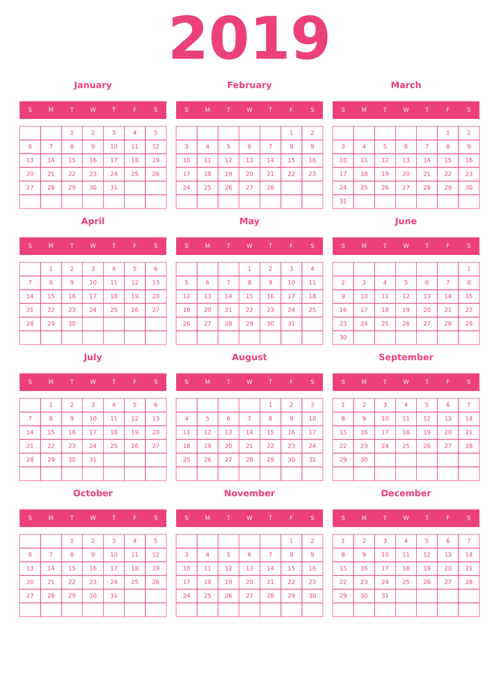 Printable 2019 Year Calendars pink