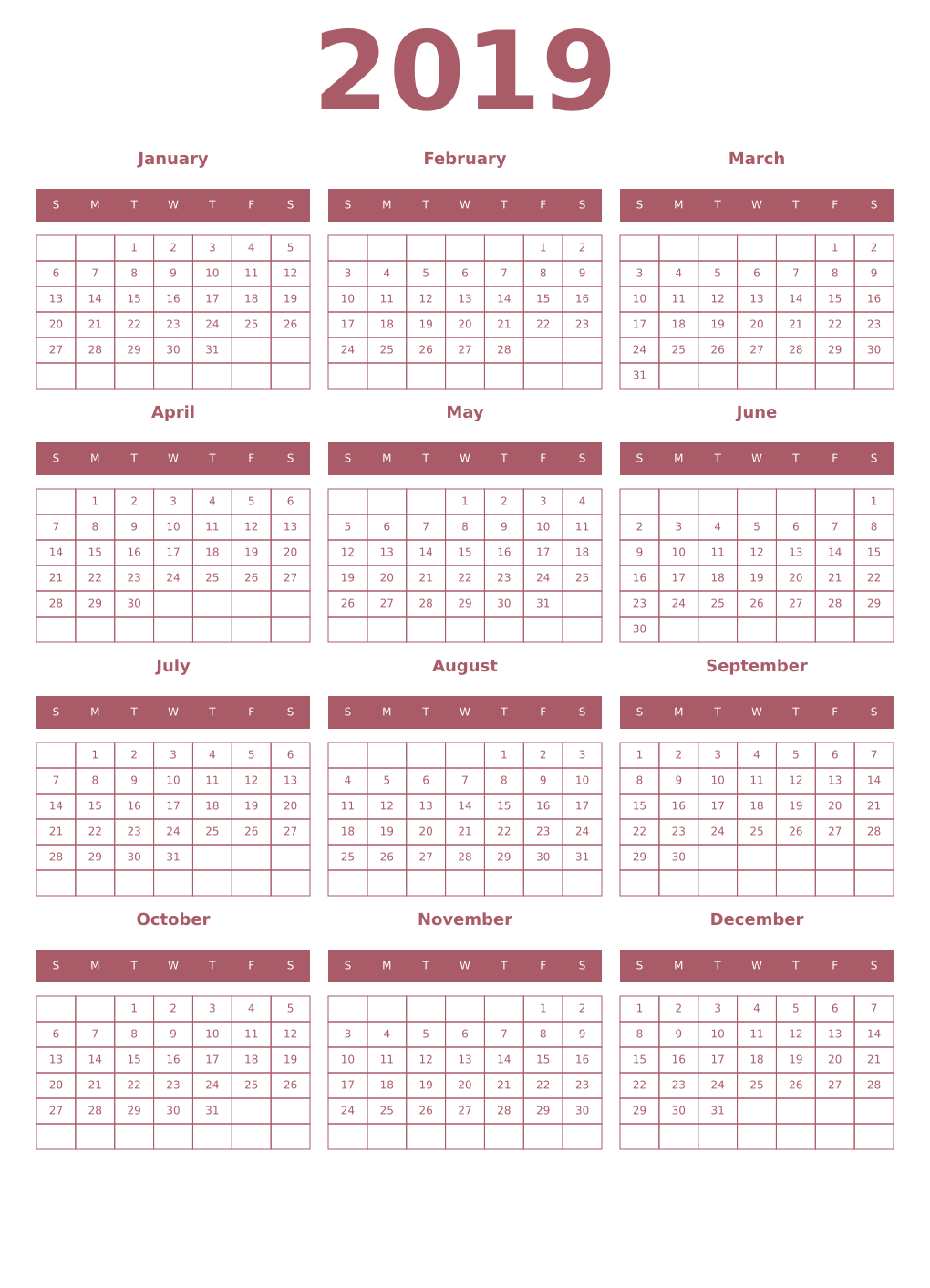 Printable 2019 Year Calendars puce