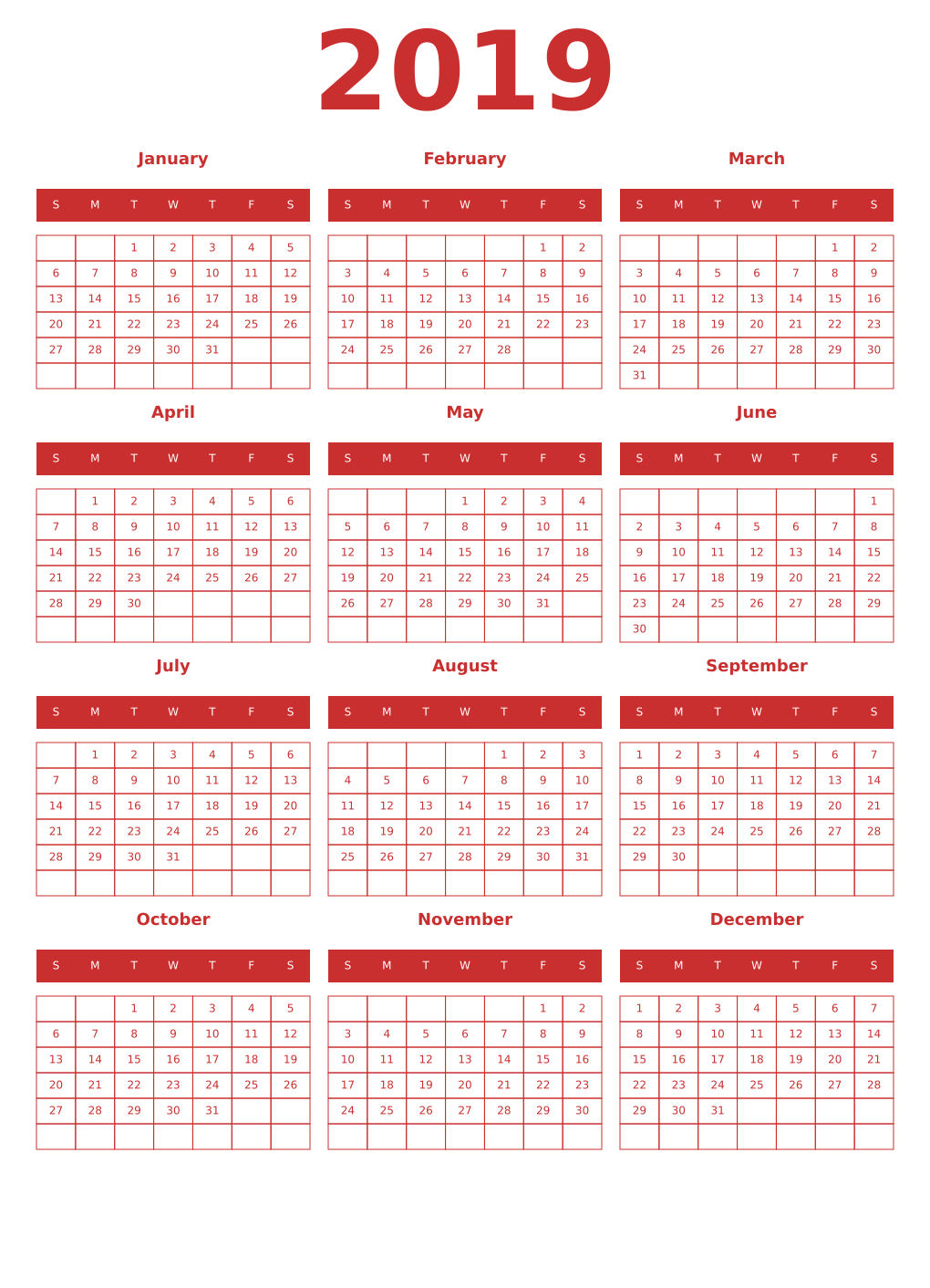 Printable 2019 Year Calendars red