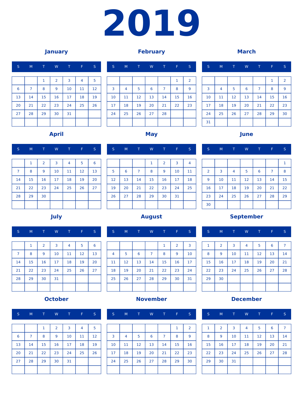 Printable 2019 Year Calendars smalt