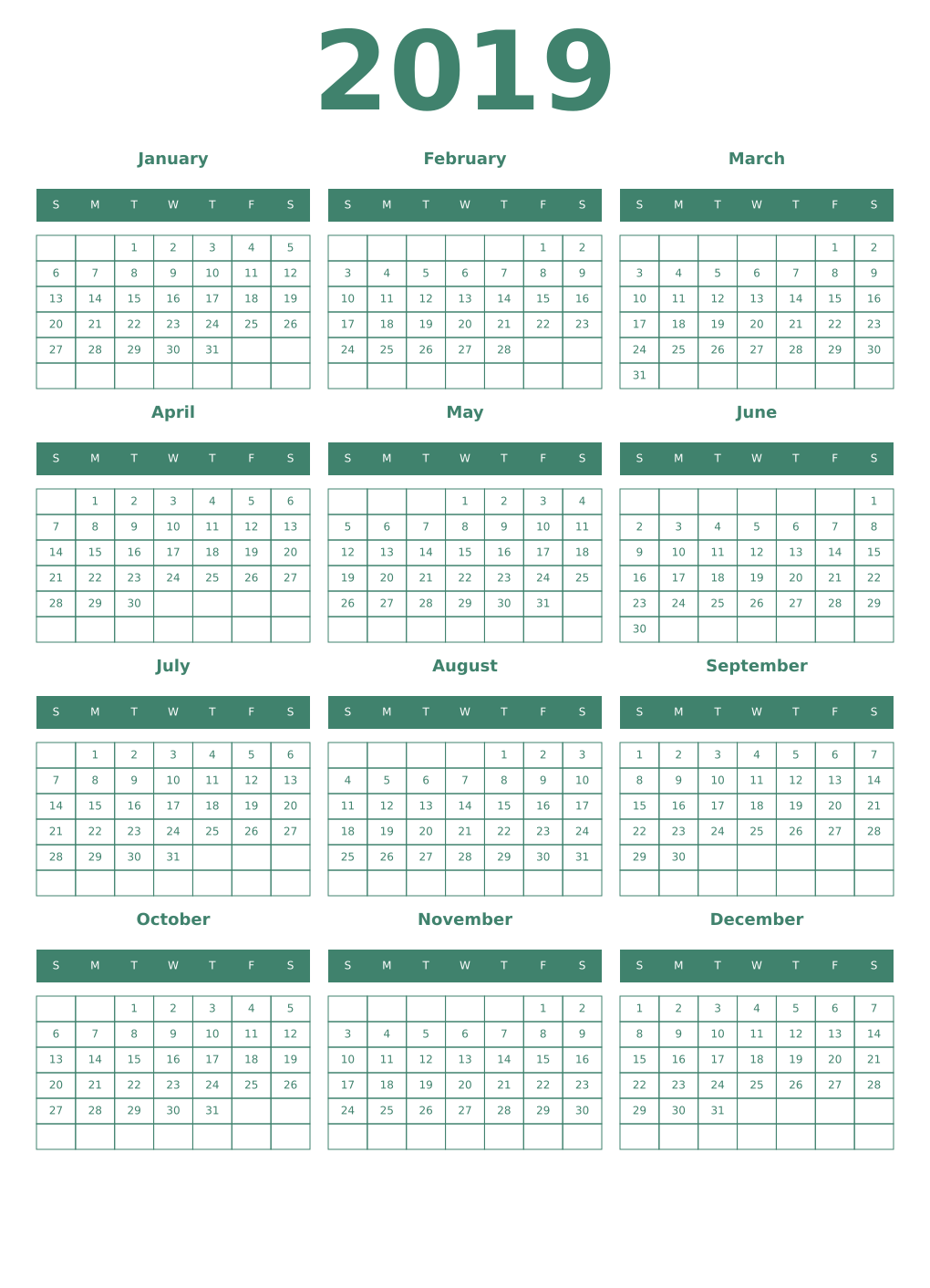 Printable 2019 Year Calendars viridian