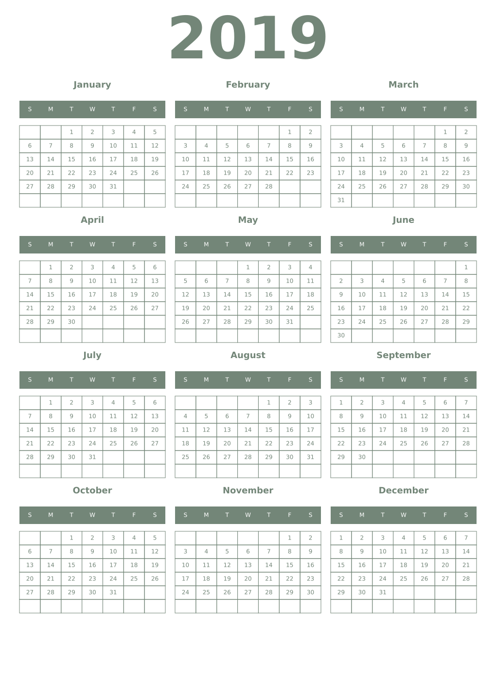 Printable 2019 Year Calendars xanadu