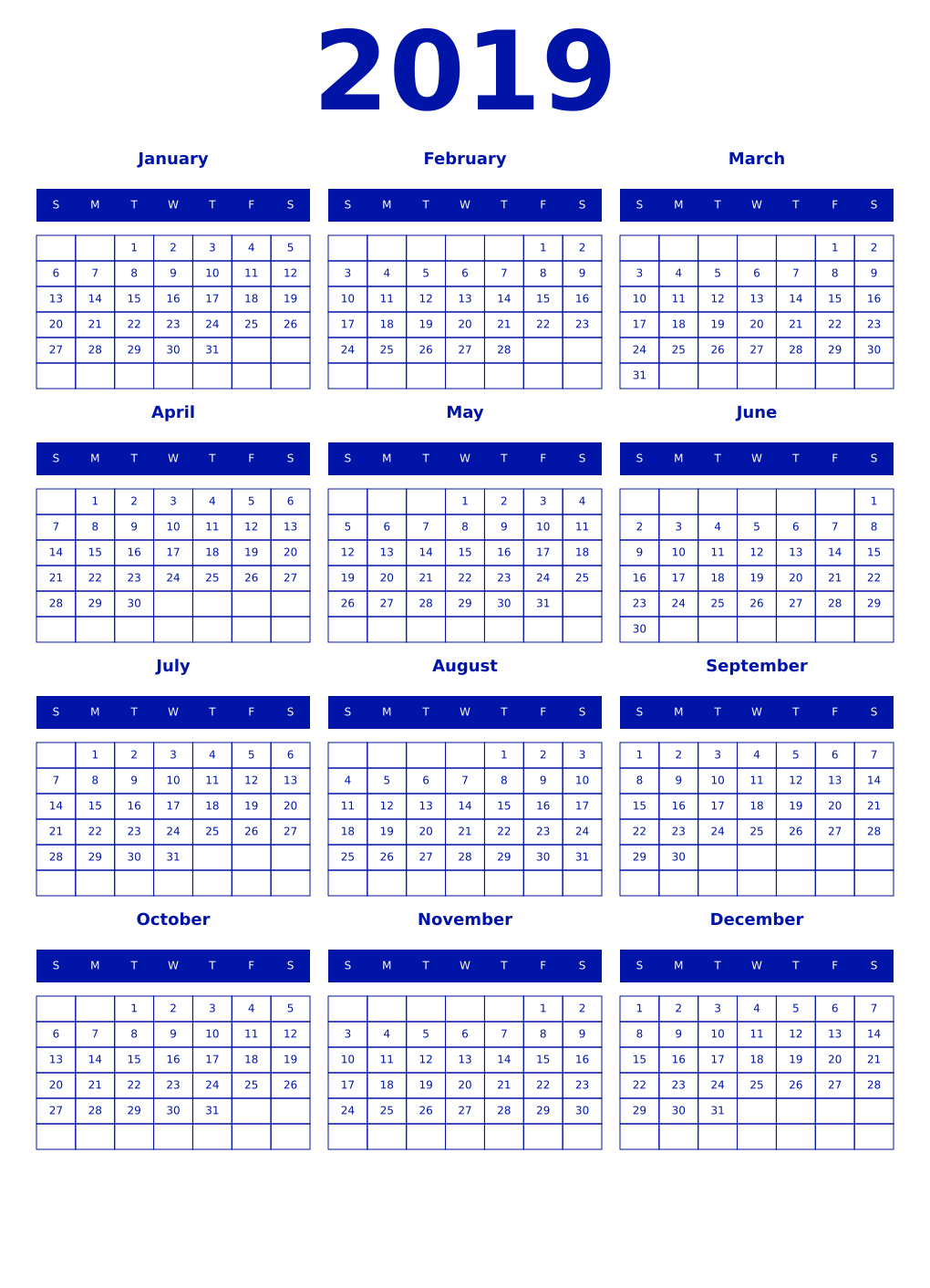 Printable 2019 Year Calendars zaffre