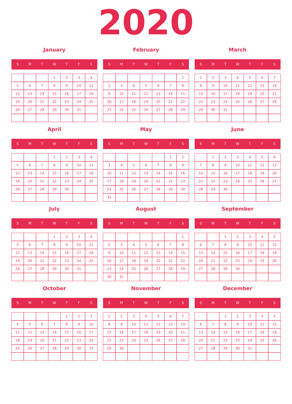 Printable 2020 Year Calendars amaranth
