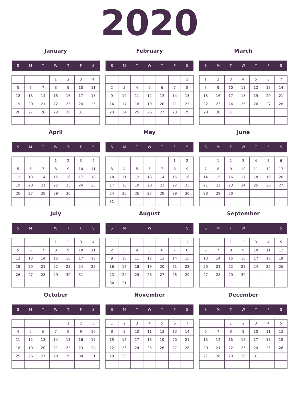 Printable 2020 Year Calendars aubergine